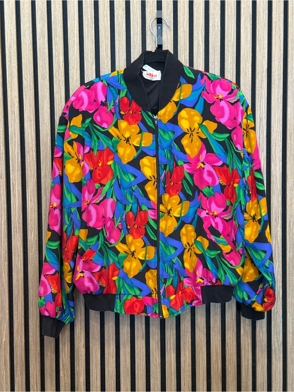 Alia Floral Bomber Jacket in Black with Pink, Yellow & Red Flowers